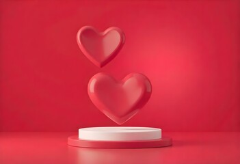 Two red hearts floating above a white and red round podium on valentine's day