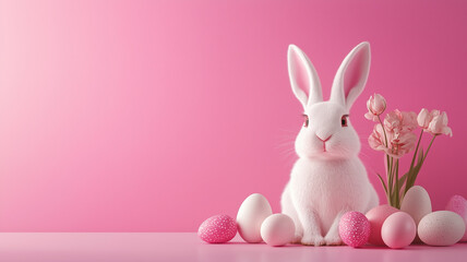 Happy easter bunny with decorated easter eggs. Easter holiday concept with copy space for products and text. Smiling white rabbit on pastel background