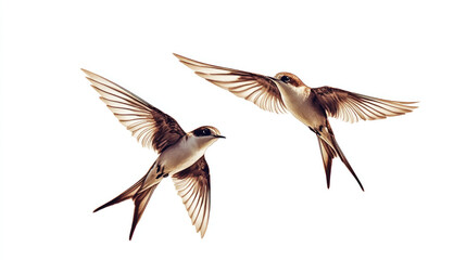 Two brown birds in flight against a white background.