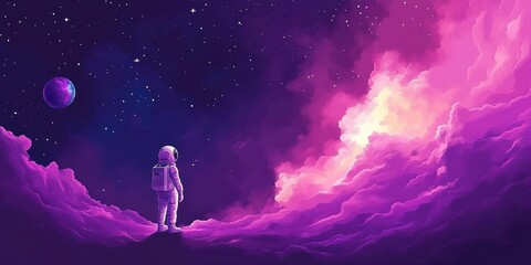 Fototapeta premium Astronaut Contemplates Purple Cosmic Landscape