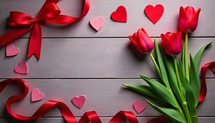 Red tulips and gift bow celebrating valentine's day on wooden background