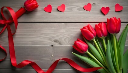Red tulips and ribbon framing valentine's day background on wooden table