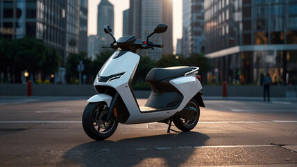 Modern white electric scooter parked on city street at sunset.
