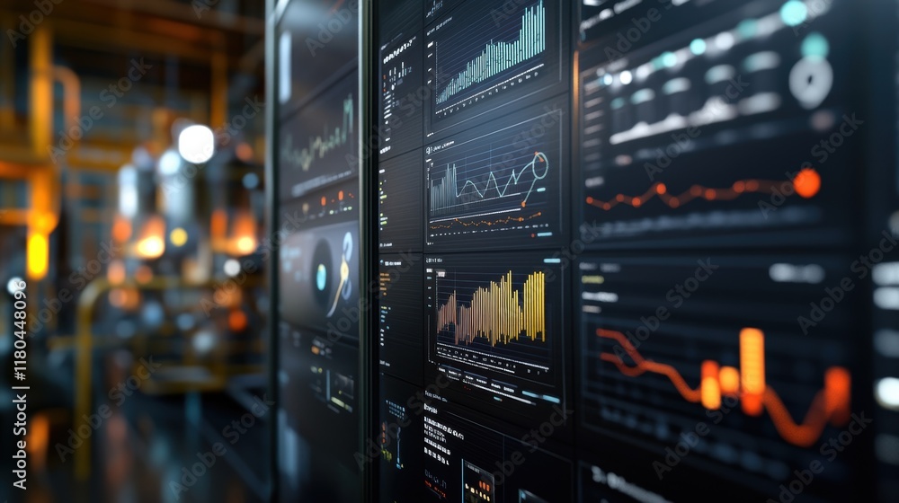 Poster large control panel displaying various charts and graphs, providing real time monitoring of industri