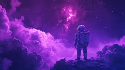 Naklejka premium Astronaut gazing at a purple nebula cosmic cloudscape