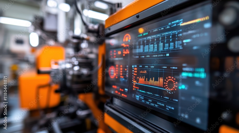 Poster industrial machinery with a digital display showing real time performance data, graphs, and key metr