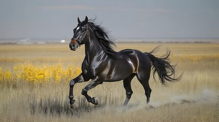 Majestic Horse Galloping Through Open Field with Flowing Mane