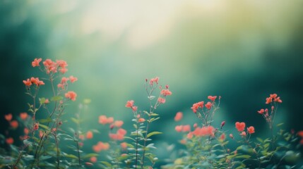 Vibrant red flowers rise gracefully against a sea of soft green bokeh, evoking a sense of dreamy tranquility in this serene garden scene.