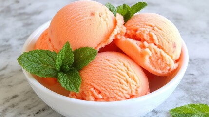 A bowl of mixed berry sorbet garnished with mint leaves, served on a marble countertop.