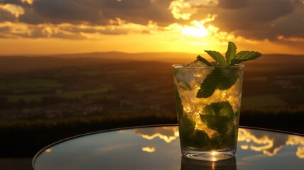 A chilled mojito with mint leaves on a round glass table, surrounded by a sunset-lit countryside.