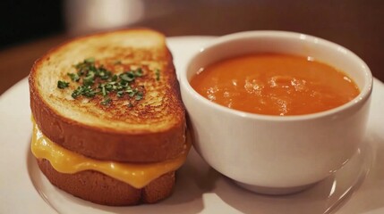 A classic grilled cheese sandwich with gooey cheddar and buttery toasted bread, served with a side of tomato soup.