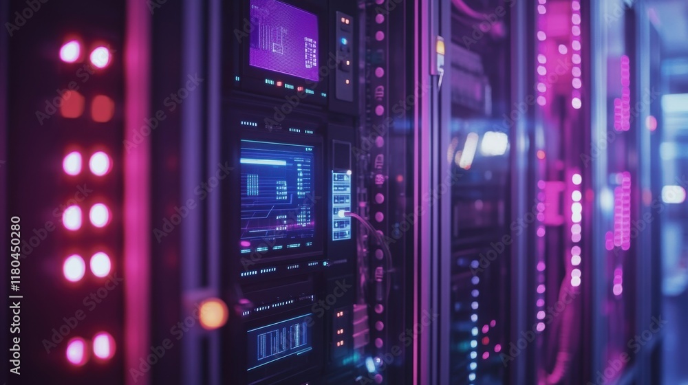 Poster server racks flashing with purple and blue lights processing big data in a modern data center, highl