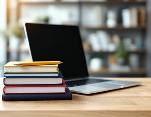 Naklejka premium Stacked Books and Laptop: A Serene Study Workspace