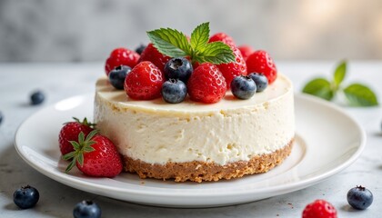 No-bake cheesecake with fresh berries and mint, dessert elegance