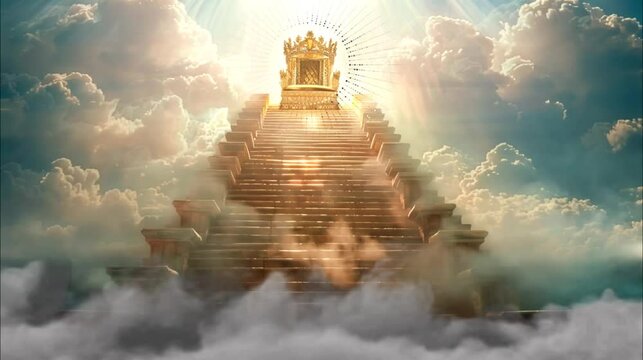 Golden throne on heavenly staircase. Seamless looping video background