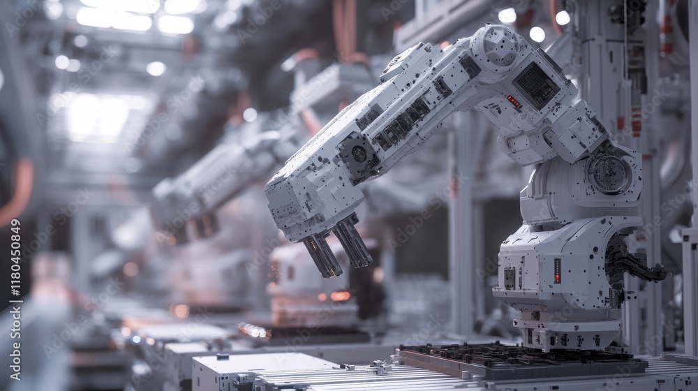 Poster modern robotic arms working diligently on an assembly line within a contemporary automated factory, 