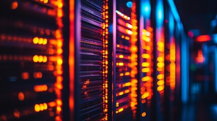 A row of luminous server racks glow in a dimly lit room, capturing the essence of technology and modern data infrastructure.