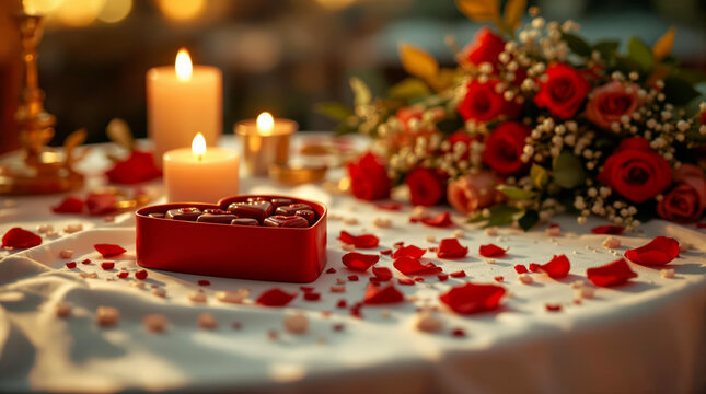 Une ambiance romantique : une bo&icirc;te de chocolats en c&oelig;ur, une bougie et un bouquet de roses reposent sur une nappe immacul&eacute;e.