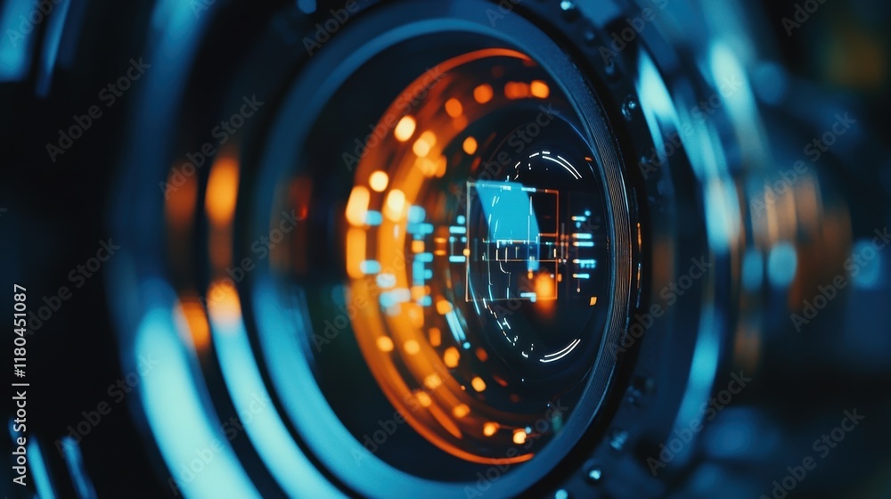 Poster close up view of a futuristic camera lens with integrated augmented reality interface, displaying da