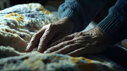 Elderly Hands on Floral Fabric