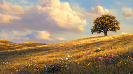 Obraz premium A golden wheat field transitioning to spring, scattered yellow wildflowers blending with fresh green grass, rows of wheat stretching toward a golden-pink sunset