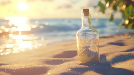 Obraz premium Message in a bottle on a sunny beach at sunset.