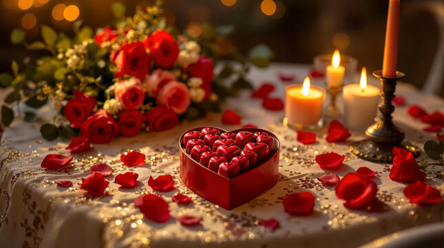 Sur une table d&eacute;cor&eacute;e, une bo&icirc;te de chocolats en c&oelig;ur brille &agrave; c&ocirc;t&eacute; d'une bougie et d'un bouquet romantique, symboles de la Saint-Valentin.