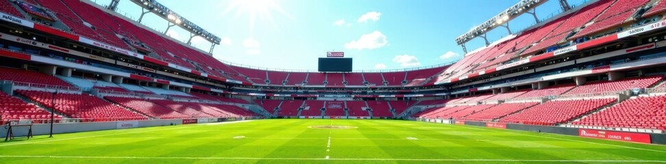 Elevated view, fifty-yard line, empty bleachers, sunny day , empty stadium, athletic, daytime