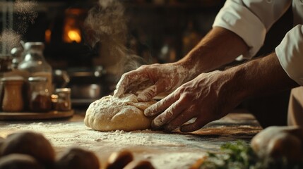 Baker's hands kneading dough on a floured wooden surface.