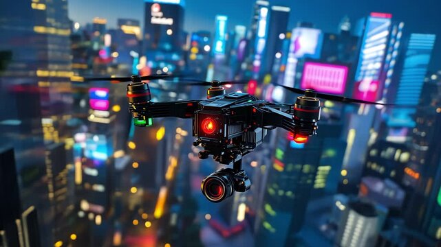 Close up of a black camera drone flying high over a colorful futuristic city at night.