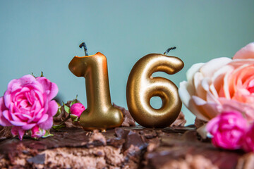 Sweet sixteen chocolate birthday cake decorated with golden glowing lit 16 candles and pink roses....