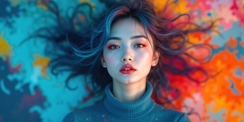 Obraz premium Woman with long hair and blue eyes is laying on a colorful background