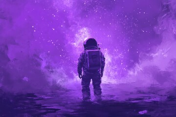 Astronaut Stands Alone in Purple Cosmic Landscape