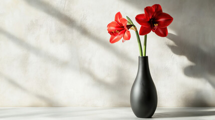 Two red amaryllis flowers in a black vase against a textured wall with sunlight shadows.