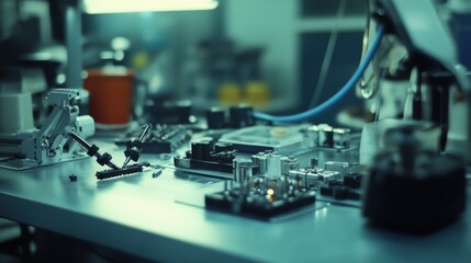 A cluttered workbench in a dimly lit lab is alive with various electronic components, capturing a scene of intense innovation.