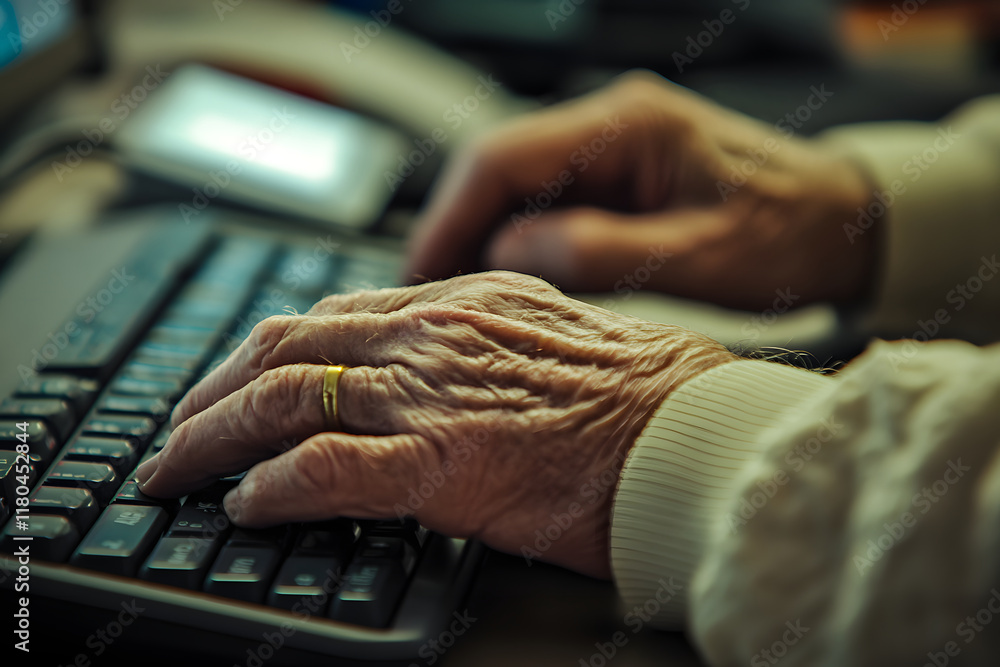 Poster elderly hands typing on computer keyboard