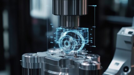 Futuristic cnc machine is creating a mechanical part with a hologram blueprint showing engineering design, symbolizing advanced manufacturing and automation