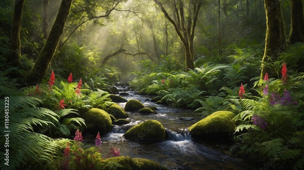 Aufkleber lush, green forest with flowing stream running through it. stream surrounded by moss-covered rocks a