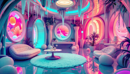 A futuristic living room with a circular window, a round table, and a plush rug.