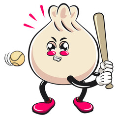 Cute dumpling vektor illustration mascot character playing baseball ready to hit the ball with the bat, Xiao Long Bao, Asian, Chinese food, work of hand drawn