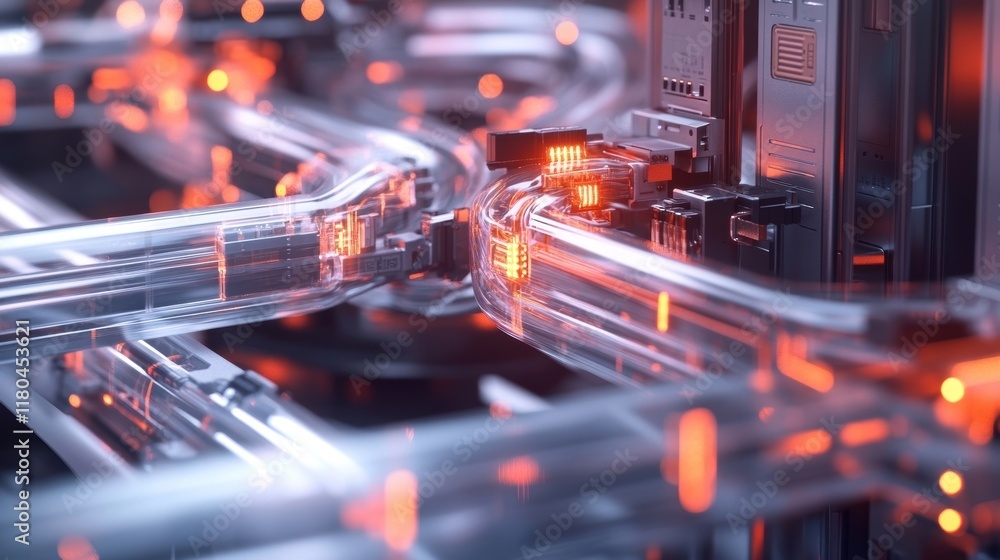 Poster transparent tubes transferring data with glowing orange lights in a futuristic technological environ