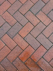 Herringbone brick pattern with red and brown bricks, showcasing a diagonal.