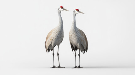Obraz premium Two sandhill cranes standing facing each other on a white background.