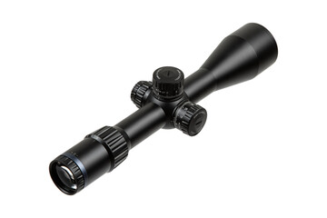 A high-quality black rifle scope with multiple adjustment knobs, precision optics, and a sleek...