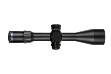 A high-quality black rifle scope with multiple adjustment knobs, precision optics, and a sleek...