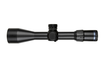 A high-quality black rifle scope with multiple adjustment knobs, precision optics, and a sleek...