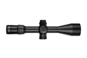 A high-quality black rifle scope with multiple adjustment knobs, precision optics, and a sleek...