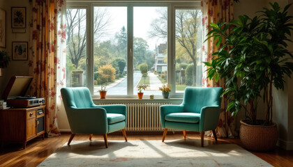Art deco interor living room with a large window, curtains, a sofa, a coffee table, and a record player.