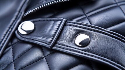 Sleek leather jacket with diamond-pattern quilted sleeves, rich black tones, rugged texture, strong and edgy aesthetic, close-up shot