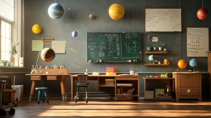 Elementary classroom filled with colorful planet models and learning materials designed to teach astronomy and stimulate curiosity about space